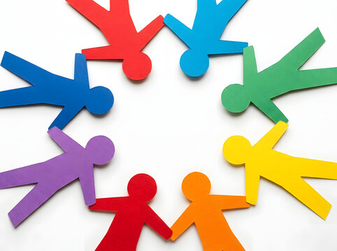 Colorful paper craft figures arranged in a circle holding hands with empty center