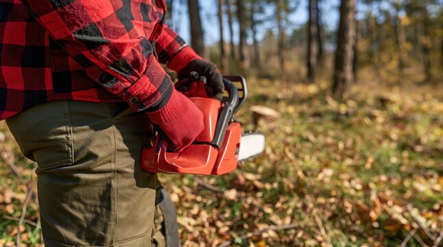 Lumberjack in plaid shirt holding red chainsaw in sunny autumn forest