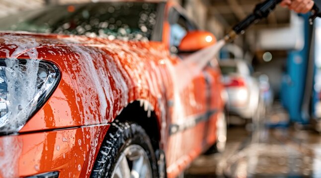 Orange car being washed with soap foam and high pressure water