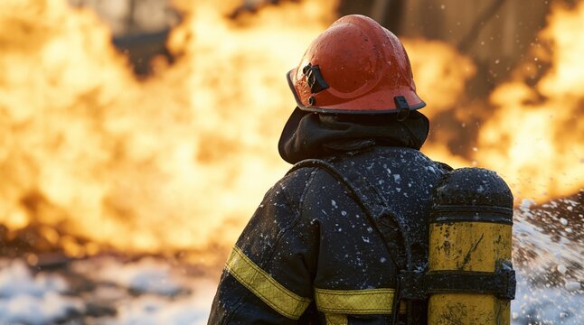 Firefighter in protective suit facing intense blaze