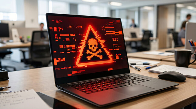 Close up open laptop office table desk bright glowing red malware alert dangerous threat system message screen corporate database cyber security firewall hacking network concept safety layout