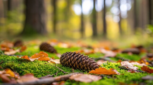 Pine cone lying on green moss in autumn forest