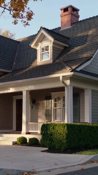 Vertical video: Panning camera revealing house porch and dormer at driveway, highlighting facade