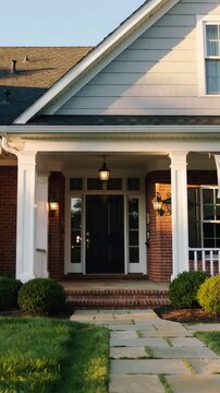 Vertical video: Pulling back camera revealing black front door and flagstone at home showing roof