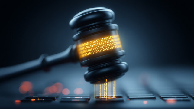 A gavel marked with binary code represents digital law and regulatory authority in modern technology.
