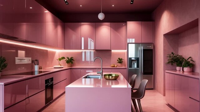 Modern stylish trendy kitchen interior with pink color furniture and household fitting AI Generative