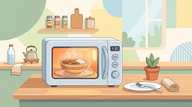 Microwave Oven Heating Food in Modern Kitchen