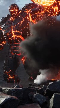 Vertical video: Advancing molten golem lowering arm hitting basalt forming lava sphere erupting ash