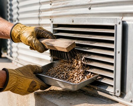 Silo aeration maintenance hands chaff from grille only action base corrugated bin pair work gloved uses stiff brush pull