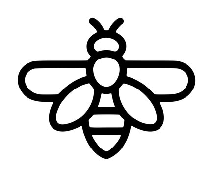 Black outline hand-drawn vector icon of a flying bee with delicate striped wings, antennae, and pointed stinger, simple nature illustration for graphic design