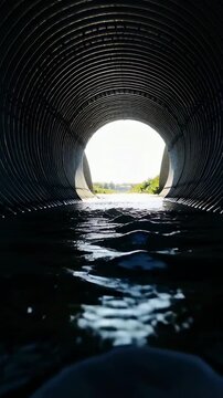 Vertical video: Streaming sun causing ribbed culvert in ditch showing rippling water and lens flare