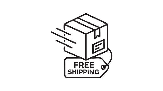 box with free shipping label black vector line art icon featuring delivery, package