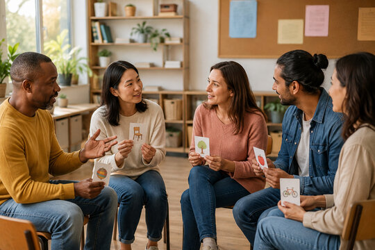 Diverse group of adults participates in interactive language learning session using illustrated flashcards while sitting in circle in bright classroom.