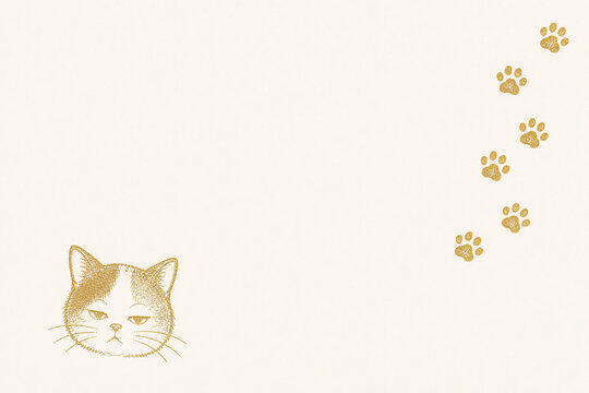 Golden cat face and paw prints with large copy space