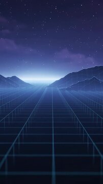 Vertical video: Descending ribbon sending particles across neon grid toward horizon, showing data