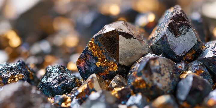 Close-up macro shot of golden pyrite crystals with iridescent tarnish and metallic luster in natural sunlight.