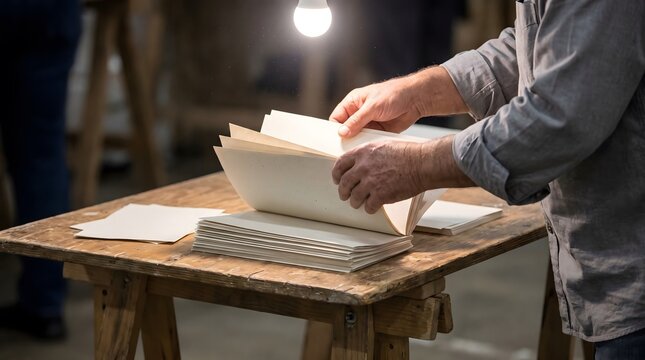 Hands flipping through handmade paper sheets on workbench