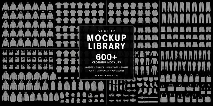 Vector clothing mockup library, 600 plus apparel flat sketches. Fashion garment technical drawings, streetwear design templates for tech packs.