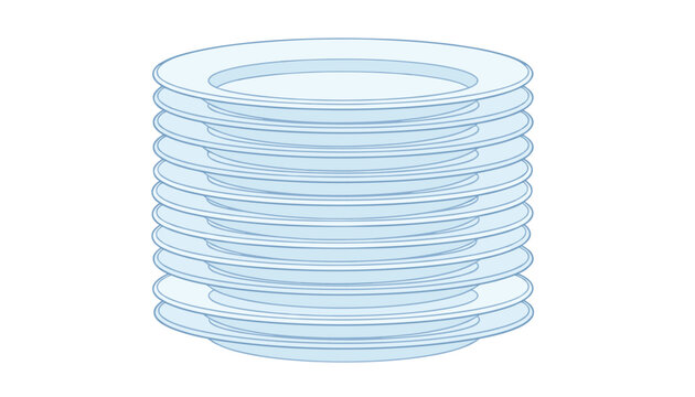 Tall stack of light blue dinner plates sits upright in a uniform pile to suggest order and cleanliness in a professional kitchen environment.
