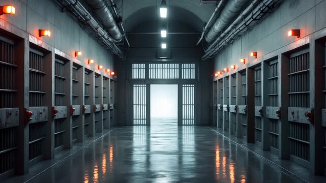 Interior of jail building inside, corridor with isolation prison cell steel doors AI Generative