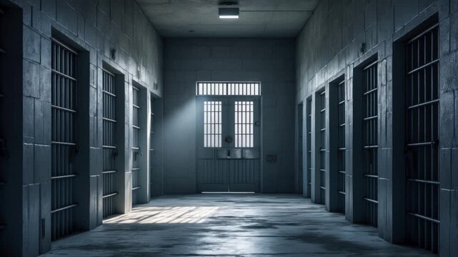 Interior of jail building inside, corridor with isolation prison cell steel doors AI Generative