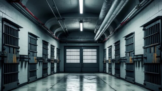 Interior of jail building inside, corridor with isolation prison cell steel doors AI Generative