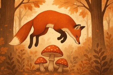 Fototapeta premium Fox leaping over mushrooms