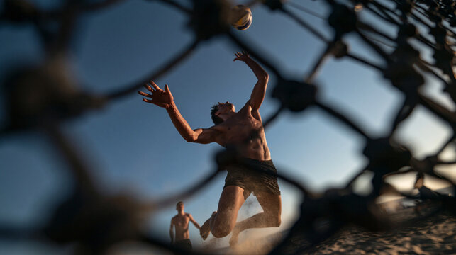 Beach Volleyball Player Jumping to Spike Ball at Sunset