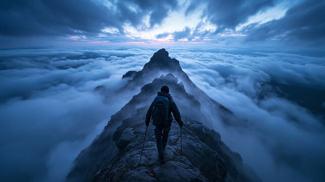 Hiker Walking on Mountain Ridge Above Clouds