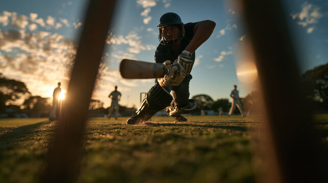 Cricket Batsman Diving to Reach Crease at Sunset