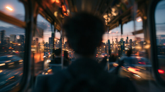 Commuter Riding Public Transit Looking at Evening City Skyline