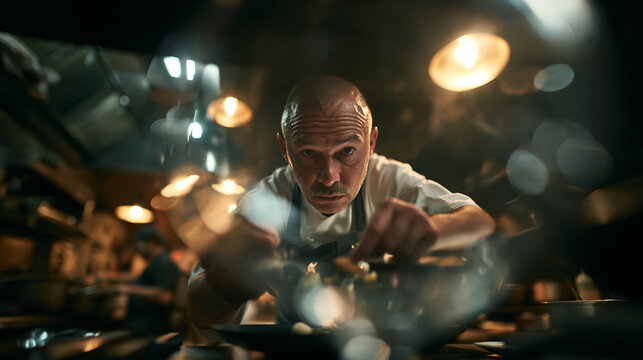 Professional Chef Plating Gourmet Dish in Restaurant Kitchen