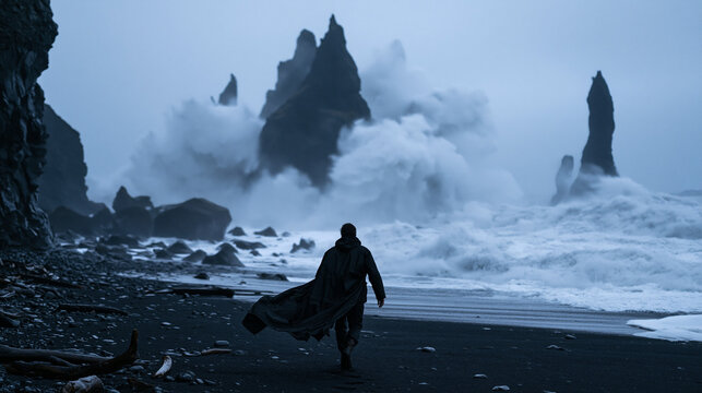 Cloaked Man Walking on Dramatic Black Sand Beach
