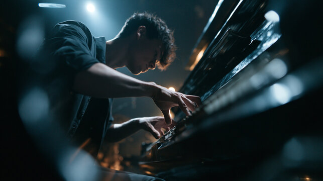 Passionate Young Pianist Playing Piano on Stage
