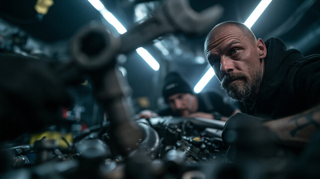 Professional Mechanics Repairing Engine in Auto Workshop