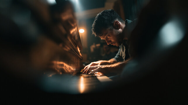 Musician Focused on Playing Piano in Dark Room
