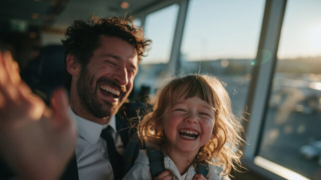 Father and Daughter Laughing Together at Airport Terminal