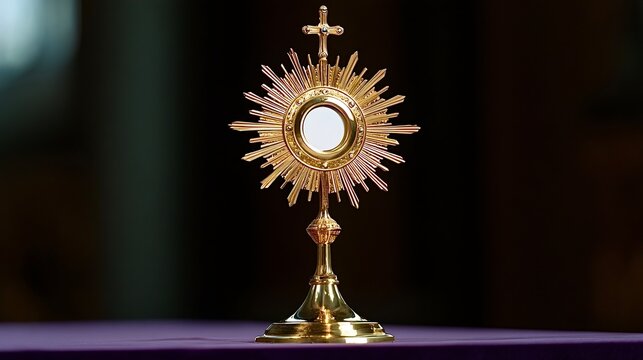 Golden monstrance holding eucharist host for adoration
