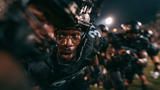 American Football Player Focused in Action During Night Game
