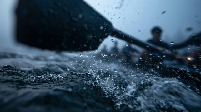 Rowing Team in Action with Water Splashing from Oar