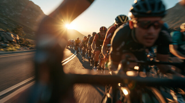Cyclists Racing in Peloton on Mountain Road at Sunset