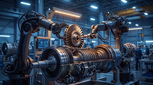 Robotic Arms Assembling Jet Engine Turbine in Factory