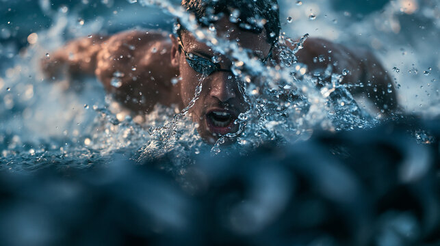 Male Swimmer Training in Water with Dynamic Splash