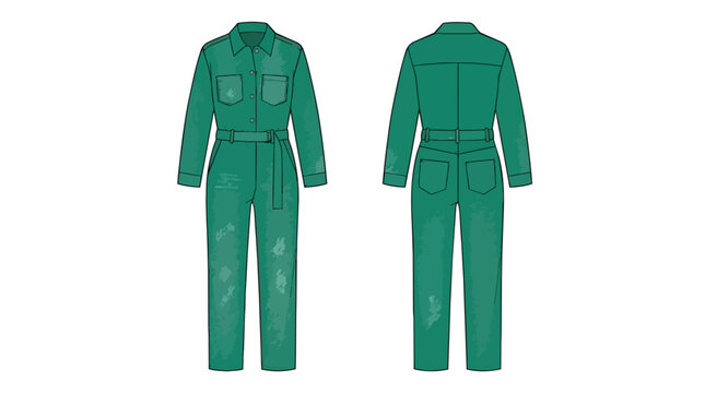 Teal Green Workwear Boiler Suit Flat Sketch Illustration with Front and Back Views and Functional Pockets