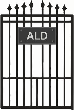 Hand-traced vector icon of a vintage black wrought iron entrance gate featuring a classic rectangular name plaque engraved with the lettering ALD, decorative spear-tipped finials, ornamental