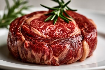 Obraz premium Raw ribeye steak with fresh rosemary gourmet meat photography food style
