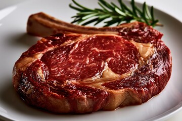 Obraz premium Raw ribeye steak with rosemary on white plate fresh gourmet meat food
