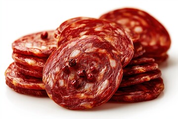 Obraz premium Slices of spicy chorizo sausage with peppercorns on white background