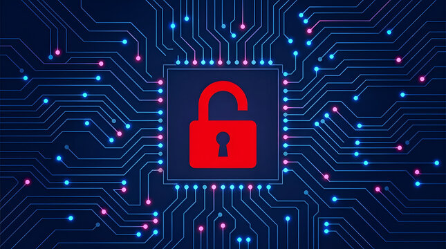 Cyber security concept showing unlocked red padlock on digital circuit board background for hacking breach and data vulnerability warning