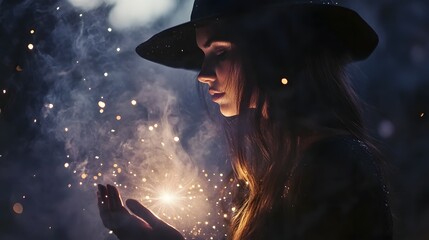 Obraz premium Young witch casting a spell with sparkles surrounding
